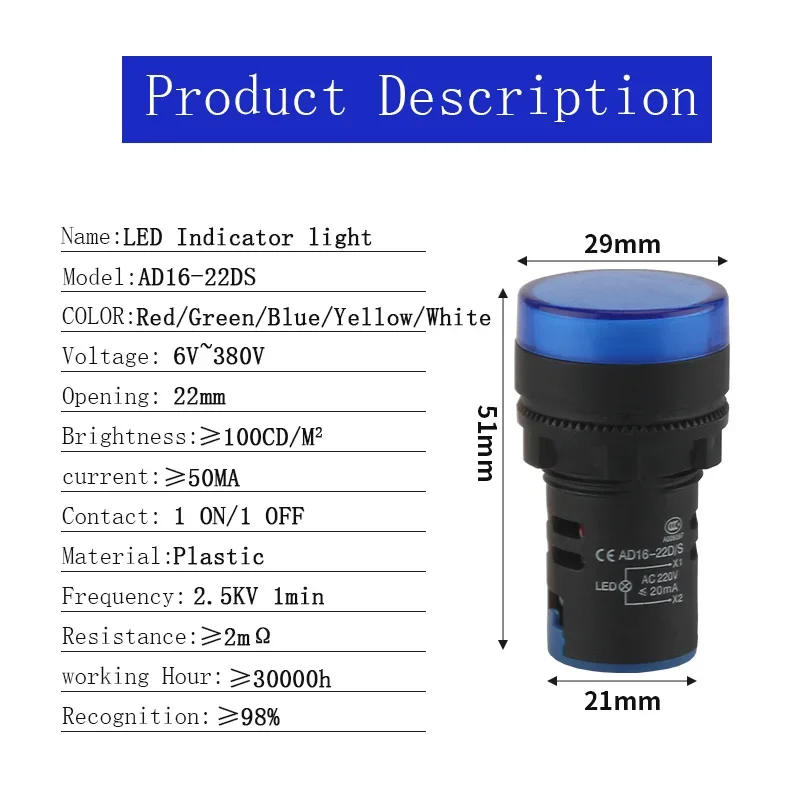 Description Picture 3 of item1PCS 22mm Indicator Light AC DC12V-48V 24V 110V-380V 220V LED Power Pilot Signal Light AD16-22DS Panel Mount Lamp Multicolor