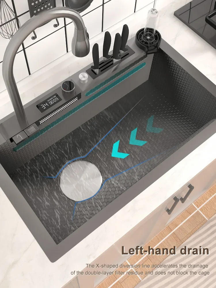 Description Picture 3 of itemDigital Display Waterfall Sink 304 Stainless Steel Kitchen Sink Embossed Washbasin With Waterfall Faucet For Kitchen Renovation