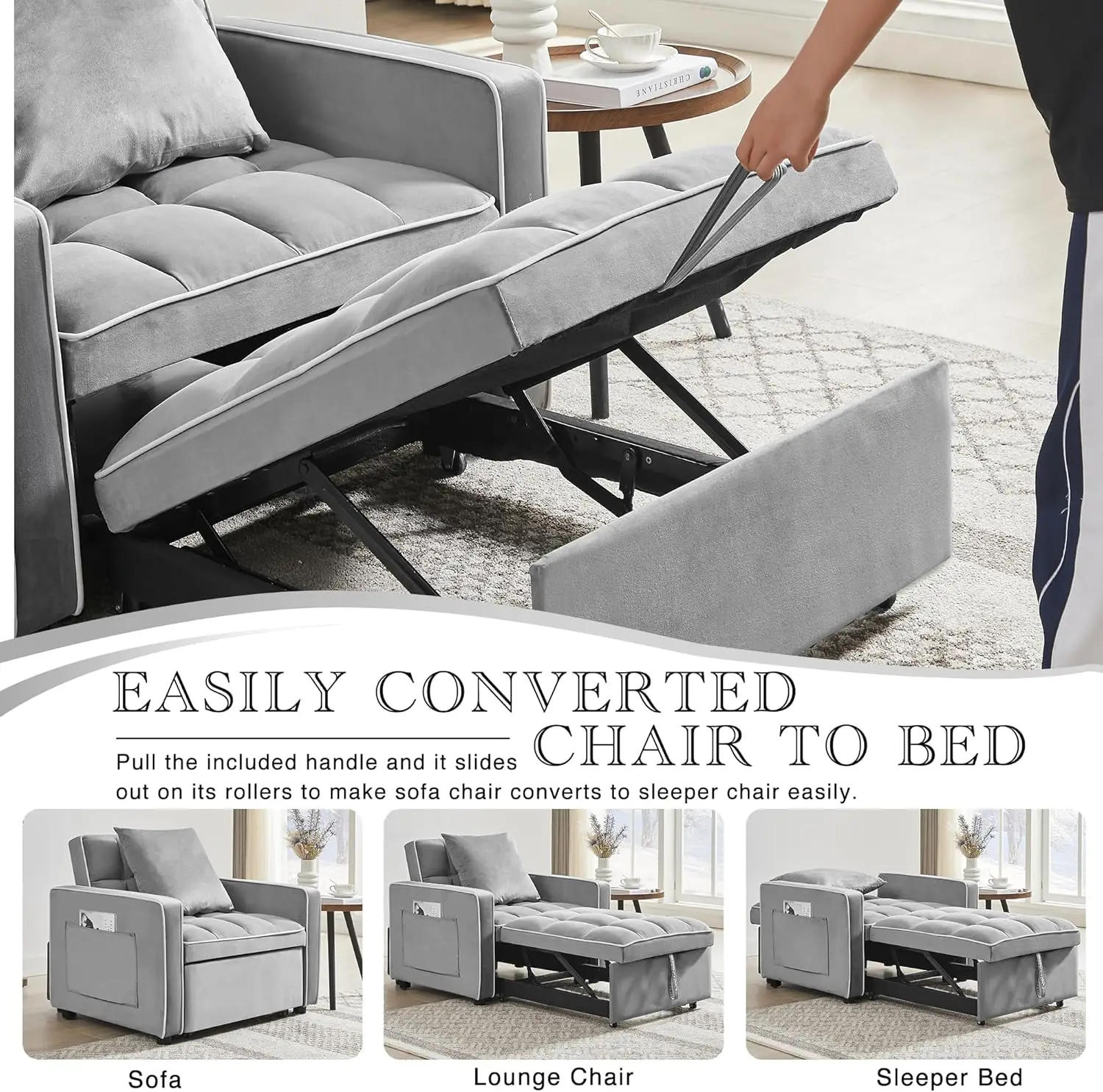 Description Picture 6 of item3 in 1 Sleeper Chair Bed, Convertible Sofa Bed with Side Pocket,Adjustable Backrest ,Chair Bed Sleeper for Adults in Living Room