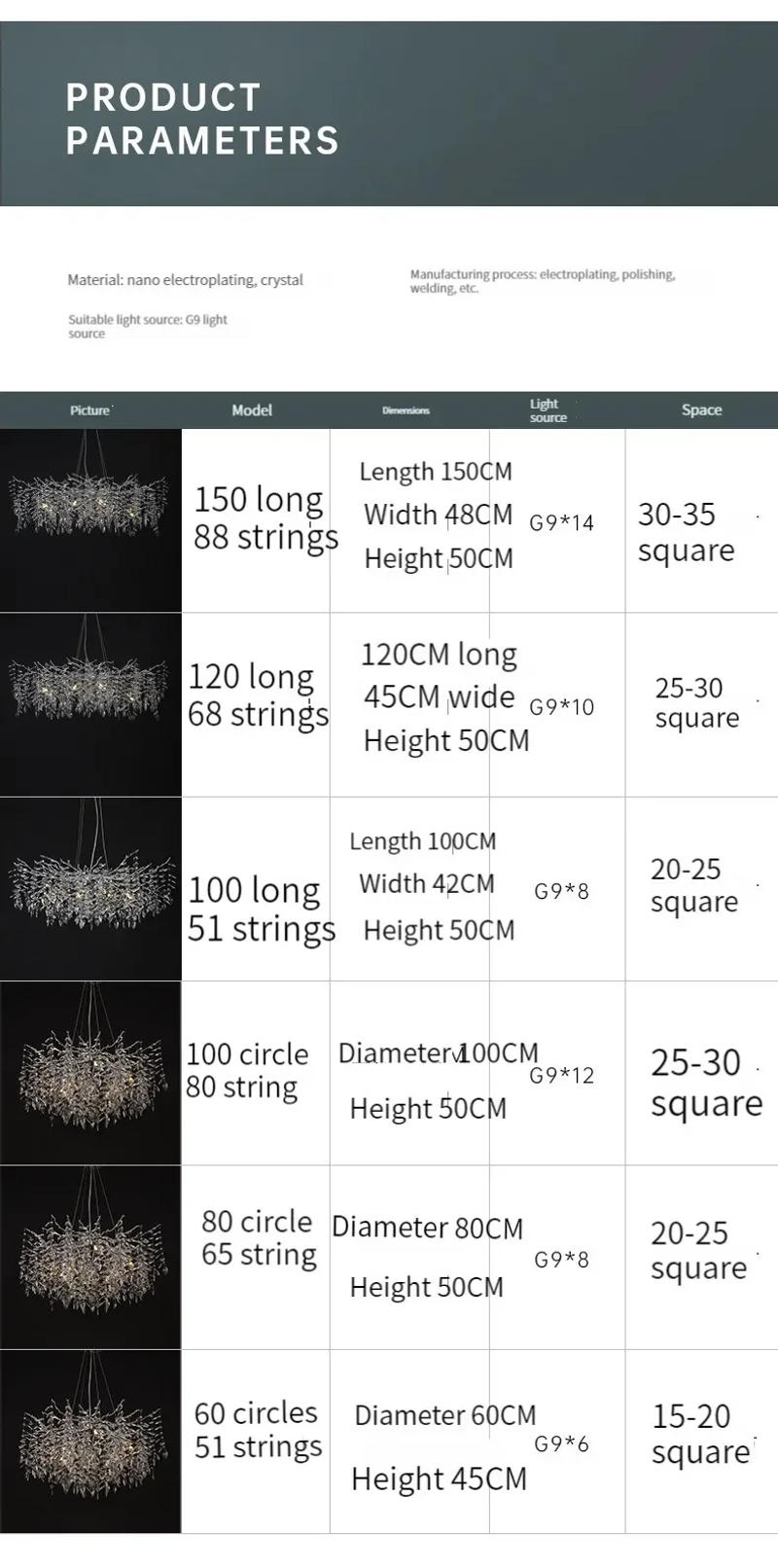 Description Picture 3 of itemItalian Designer Luxury Crystal Pendant Chandelier Chrome Gold Suspension Lamp Villa Living Dining Room Tree Branch LED Lighting