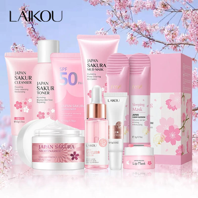 Description Picture 2 of item9pcs Facial Products Kit Sakura Skin Care Set Facial Cleanser Face Cream Sunscreen Facial Mask Eye Cream Korean Skincare Product