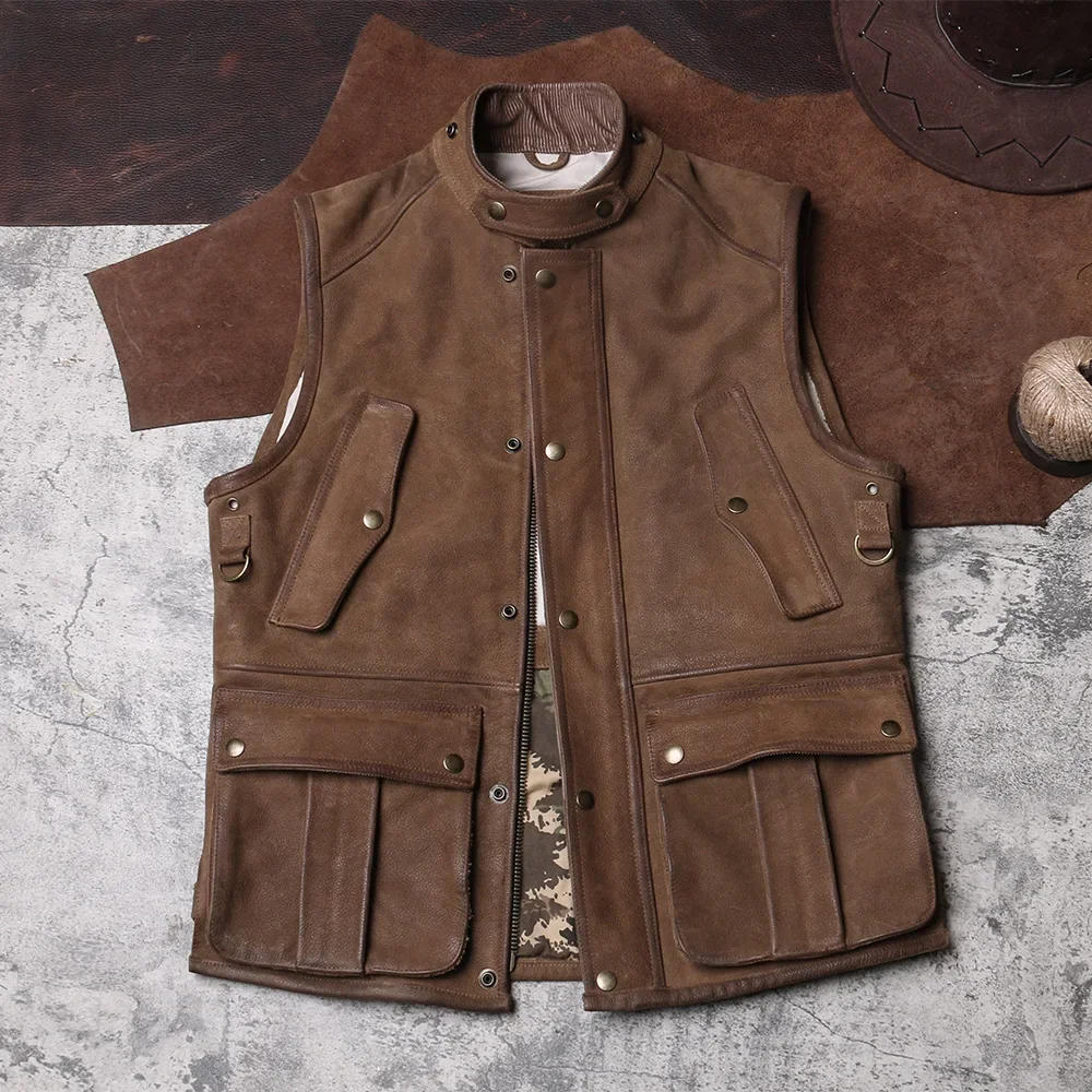Description Picture 5 of itemOutdoor Workwear Leather Vest, Retro Hunting Suit with Multiple Pockets, Cowhide Vest, Men's Genuine Leather Sleeveless
