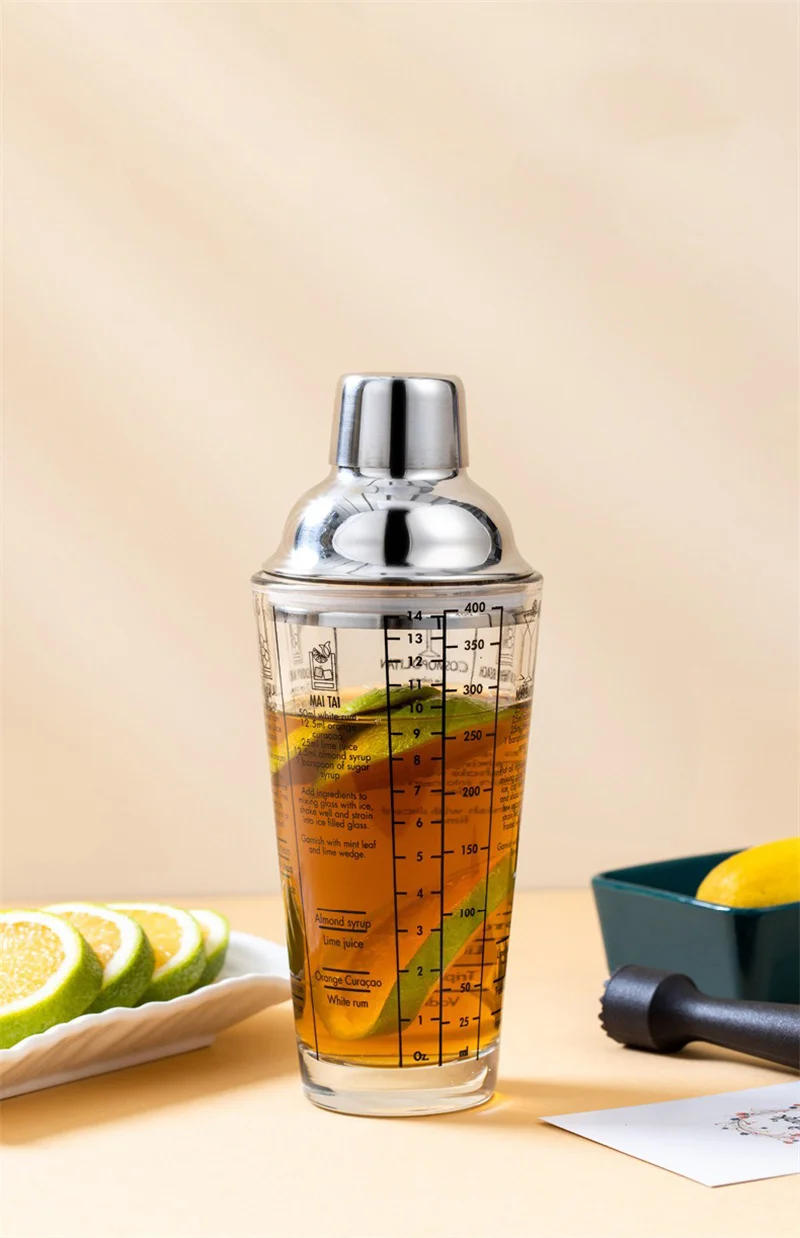 Description Picture 2 of item400/600ML Glass Cocktail Shaker Hand Shaker Cup with Scales Leakproof Metallic Steel Lid&Strainer Tea Wine Drink Shaker Mixer