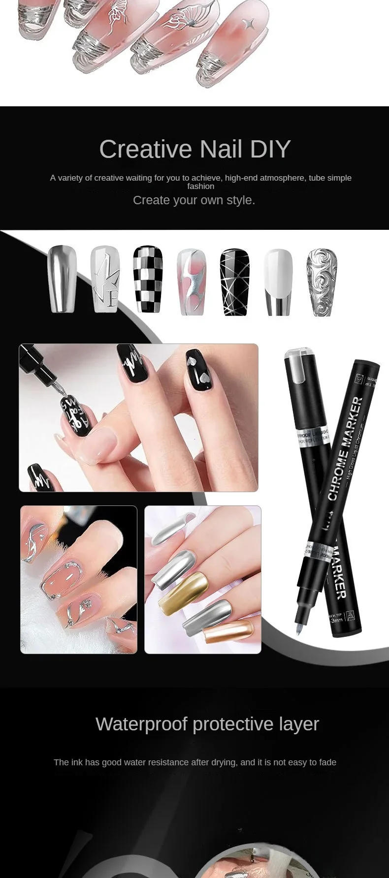 Description Picture 4 of itemMetallic Silver Gold Nail Polish Waterproof Nail Marker Pen For Design Graffiti Drawing Pencil Lines Painting Gel Manicure Tools