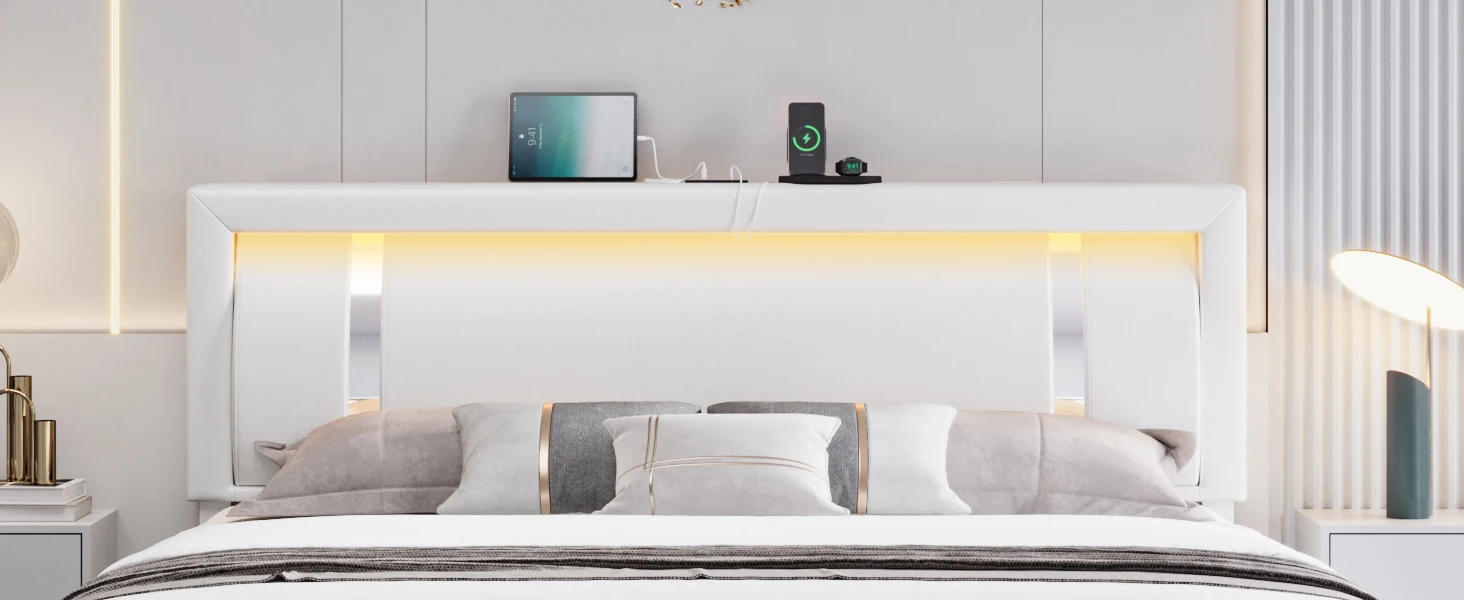 Description Picture 4 of itemFull Size Bed Frame with RGB LED Lights Headboard, 2 Storage Drawers, Upholstered Faux Leather, USB Ports, No Box Spring, White