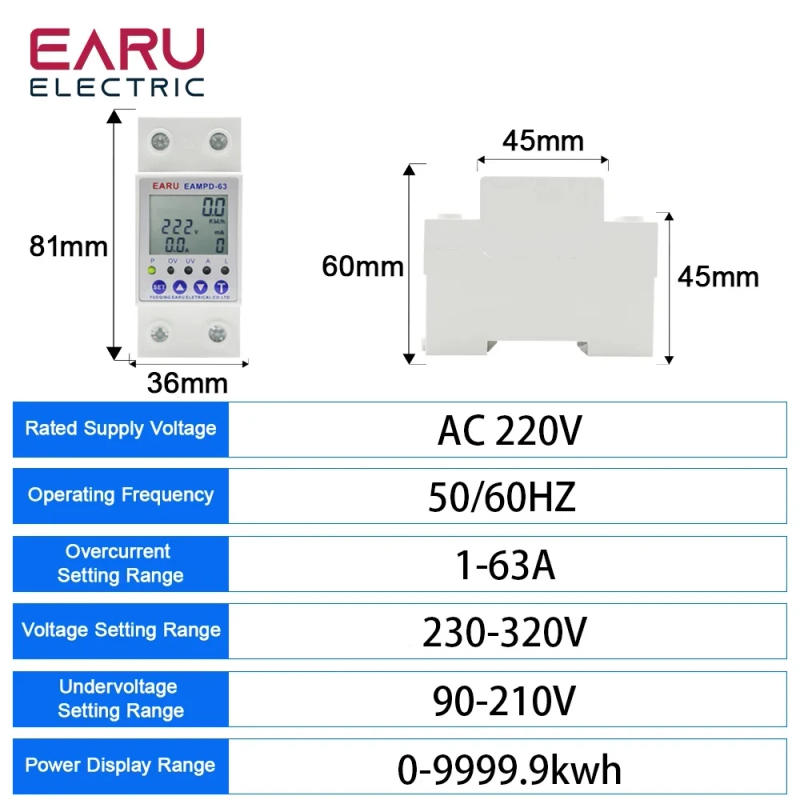 Description Picture 3 of itemTuya WiFi Smart Energy Meter 230V Adjustable Current Earth Leakage Protection Over Under Voltage Protector Relay Device Breaker
