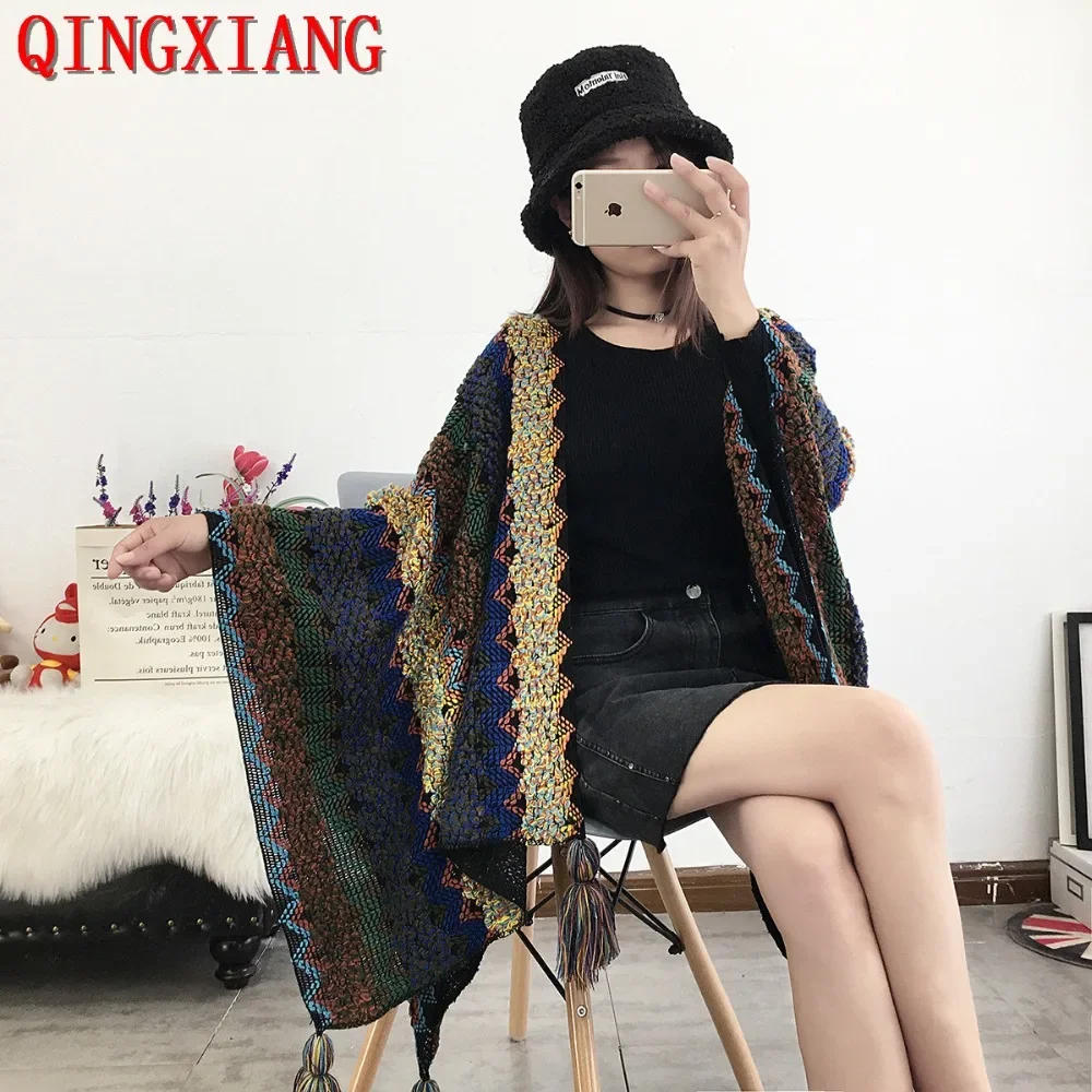 Description Picture 2 of item23 Colors Multicolor Oversize Autumn Poncho Cape Winter Women Knitted Cardigan Long Loose Shawl Vintage Thick Outstreet Knitwear