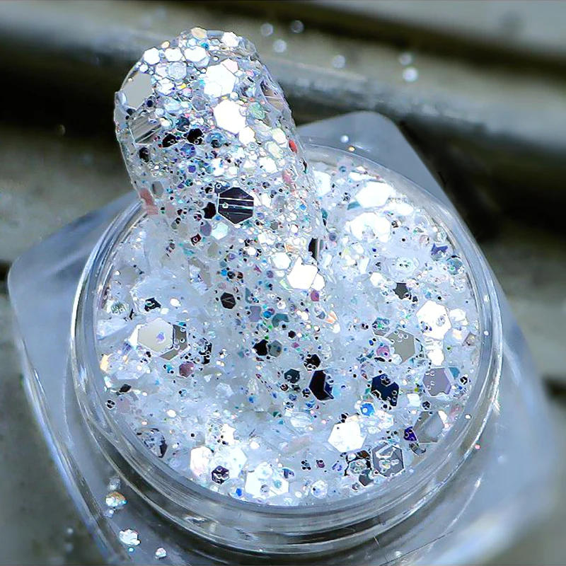 Description Picture 4 of itemSuper Holographic Silver Mixed Nail Art Glitter Sequins Sparkly Mirror Chunky Flakes 3D Paillette Manicure DIY Supplies