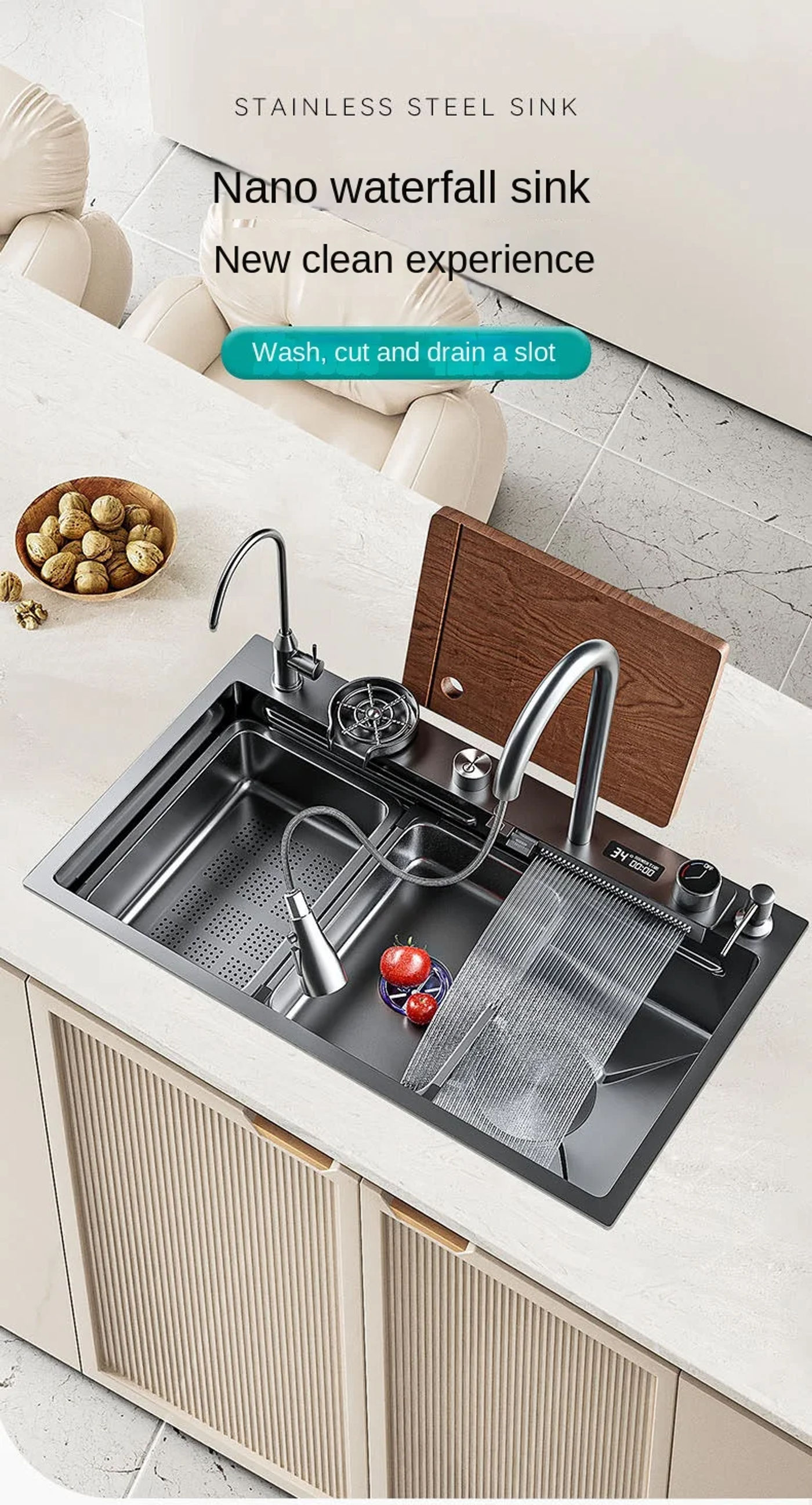 Description Picture 2 of itemPiano Digital Display Feiyu Waterfall Sink Household Kitchen Stainless Steel Large Single Slot Multifunctional Nano Water Basin