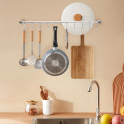 Bymaocar Utensil Rack 20 Inch Kitchen Hanger Holder Wall-mounted Hanging Rail Rod with 10 Sliding Hooks Storage & Organization