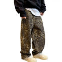 Men Pants Loose Deep Crotch Retro Hip Hop Leopard Print Bottoms Pockets Mid Waist Full Length Stretwear Long Trousers