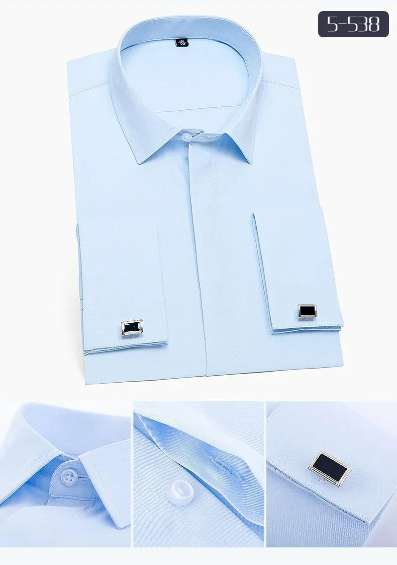 Description Picture 3 of itemFrance Cufflinks Men Tuxedo Shirts Long sleeve Covered Button Plain Solid Mens Dress Shirt White Light Blue Pink Business Social