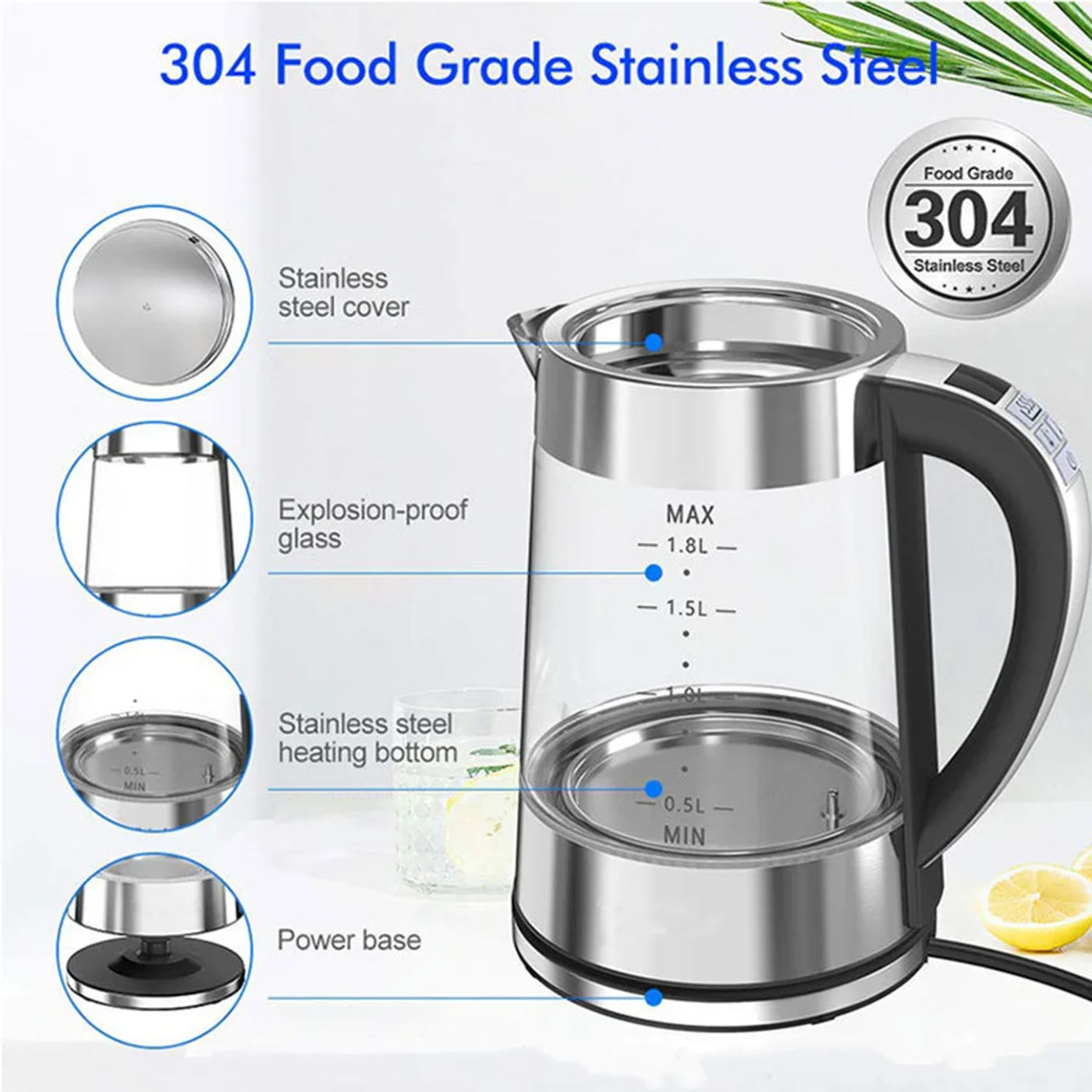 Description Picture 2 of item1800W 1.8L Electric Kettle Tea Pot Portable Glass Stainless Steel Water Boiler Fast Heating Teapot 220V Home Appliance 전기포트 주전자