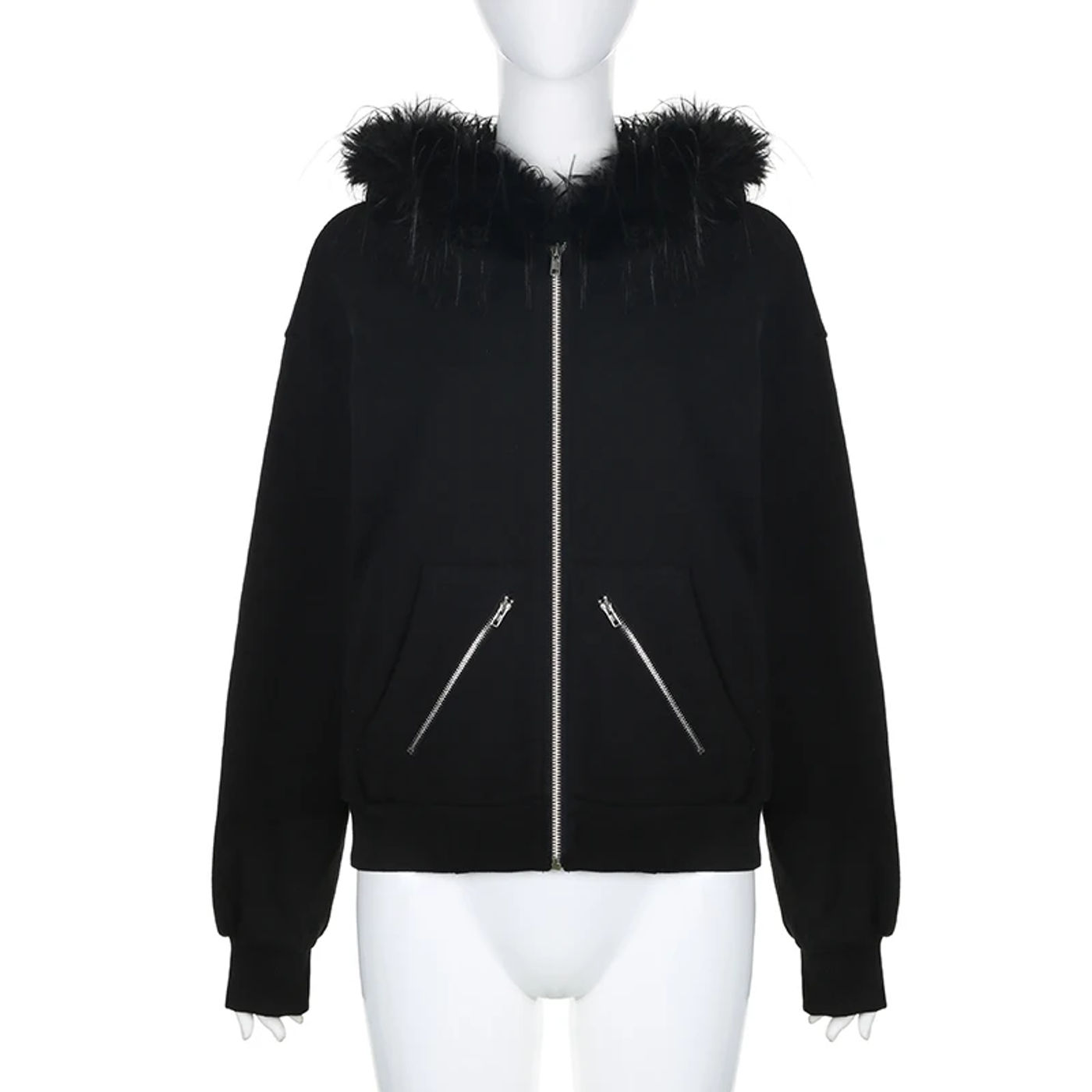 Description Picture 6 of itemCIBBAR Autumn Winter Furry Collar Hoodies Full Zip-up Loose Long Sleeve Black Hooded Sweatshirt y2k Streetwear Women Outwear 90s