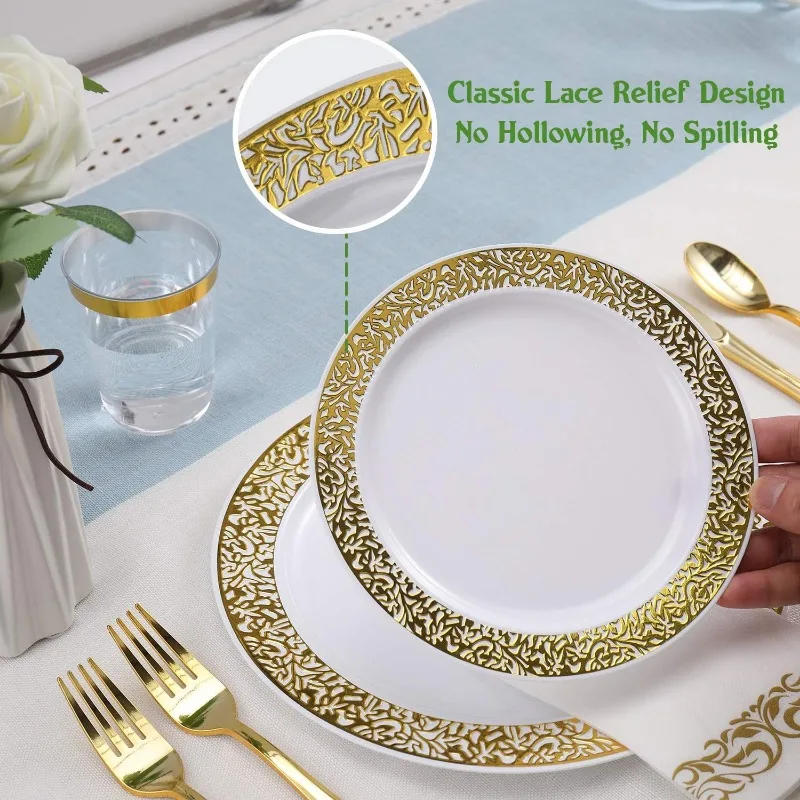 Description Picture 3 of item175 Dinnerware Set for 25 Guests, Plastic Plates with Lace Rim Design, Disposable Dinner Plates, Dessert Plates, Cups,Napkins