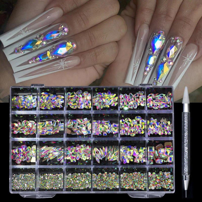 Description Picture 6 of item24 grid Luxury Shiny Diamond Nail Art Rhinestones Crystal Decorations Set AB Glass 1pcs Pick Up Pen In Grids Box