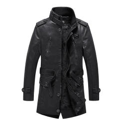 New Autumn Winter Men Fleece Leather Jacket Casual Fashion Middle And Long Mens PU Coats Stand Collar Warm Windproof Overcoat