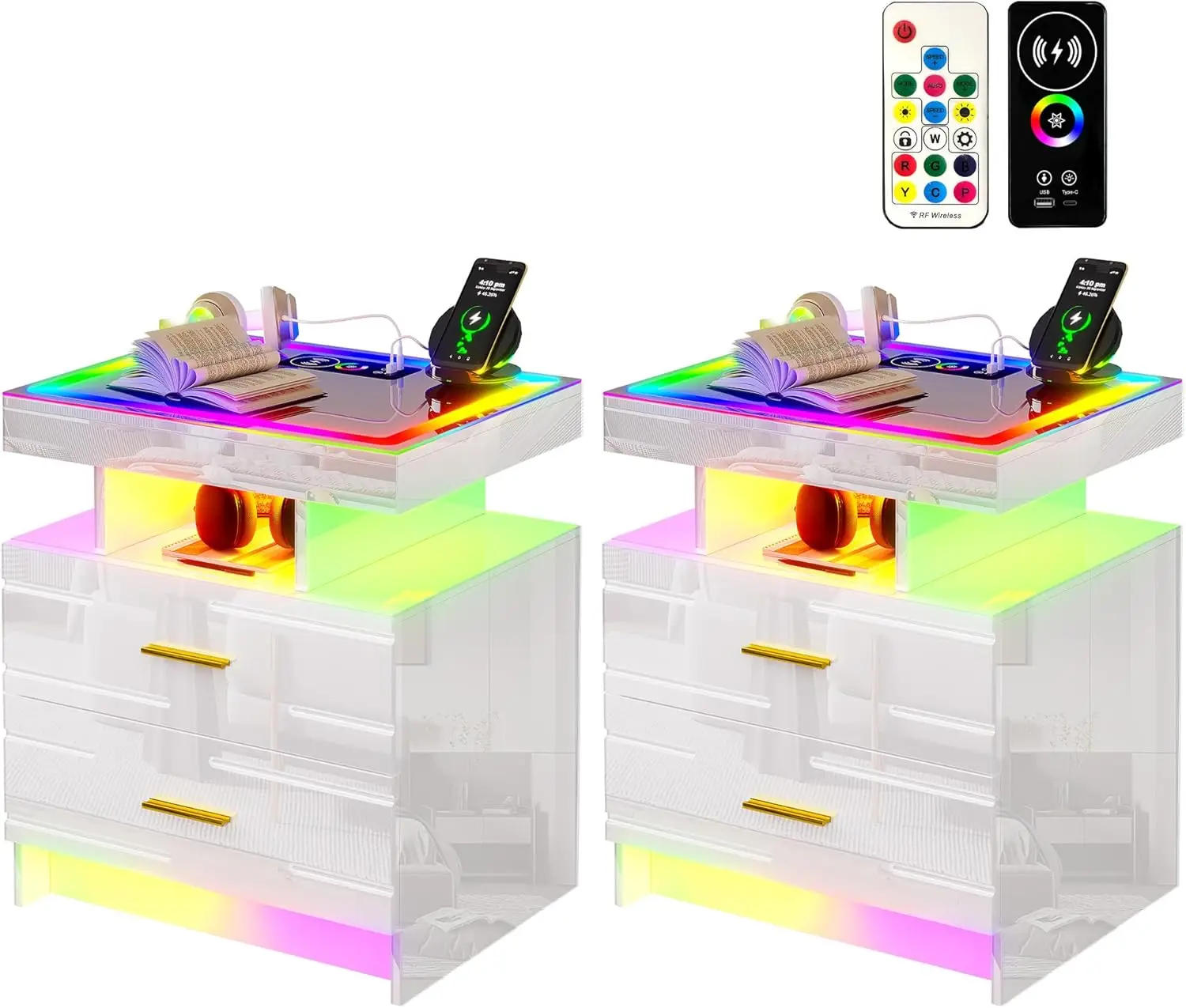 Description Picture 2 of itemSet of 2 Nightstand with Wireless Charging Station LED Lights Night Stand with 2 Drawers Glossy Smart Bedside Table