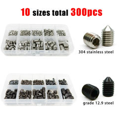 300pcs/box Mix M3 to M8 10 sizes Kit Hex Socket Tapered End Grub Bolt Cone Point Set Screw 304 Stainless Black Grade 12.9 Steel