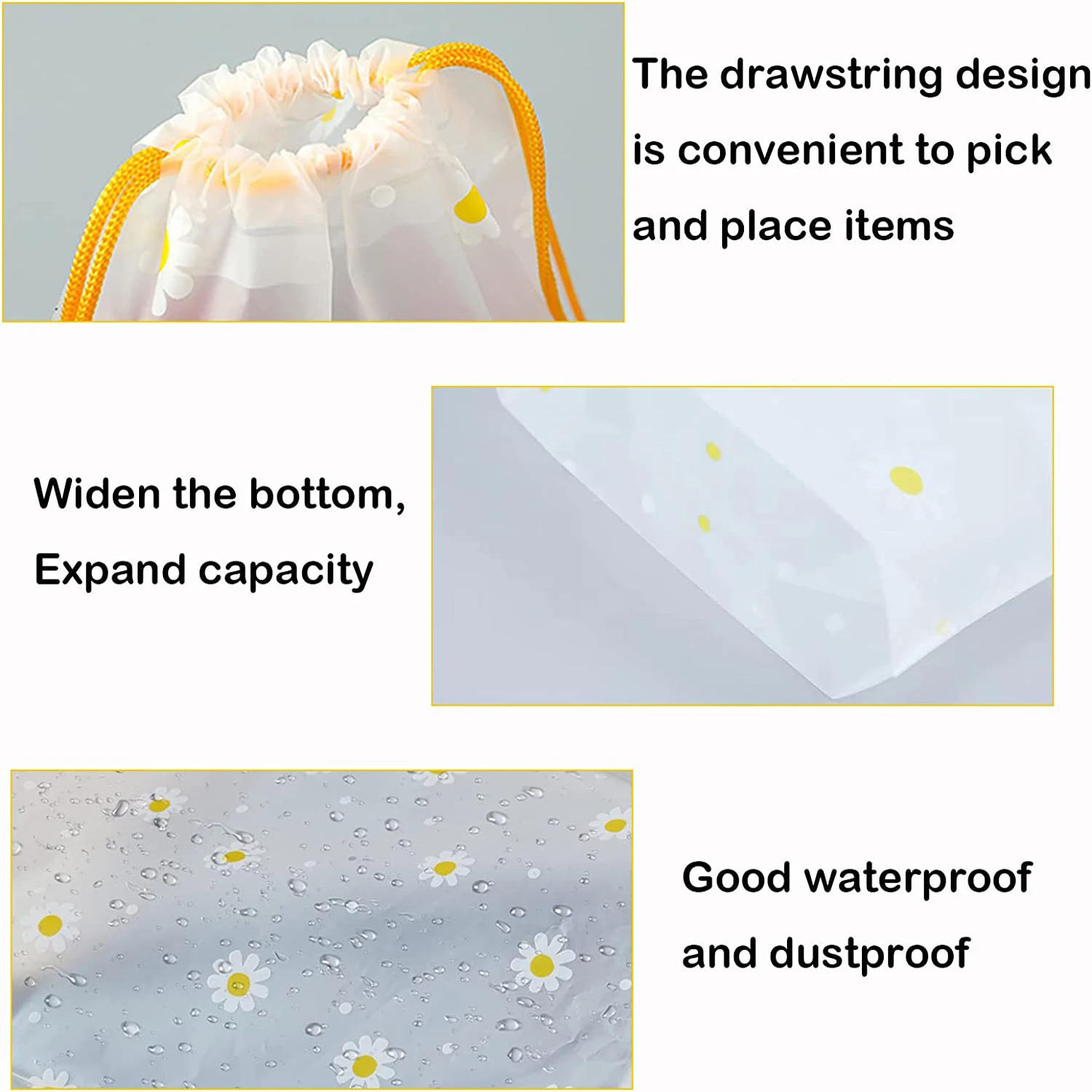 Description Picture 6 of item50PCS Drawstring Waterproof Clothes Shoes Storage Bags EVA Daisy Pattern Packaging Organizer Waterproof Makeup Toiletry Bags