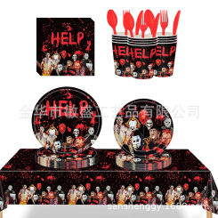 Halloween Disposable Tableware Set, Terror Disposable Paper Plate, Cup, Napkin, Straw, Halloween Party Decoration