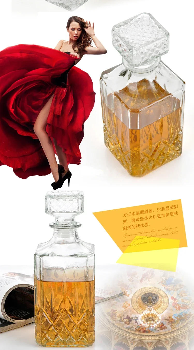 Description Picture 5 of item1PC 9x24cm Hot Sale Luxury Lead Free Square Wine Bottle Whiskey Glass Lot Decanter Alcohol Container Pourer Carafe 800ML Decore