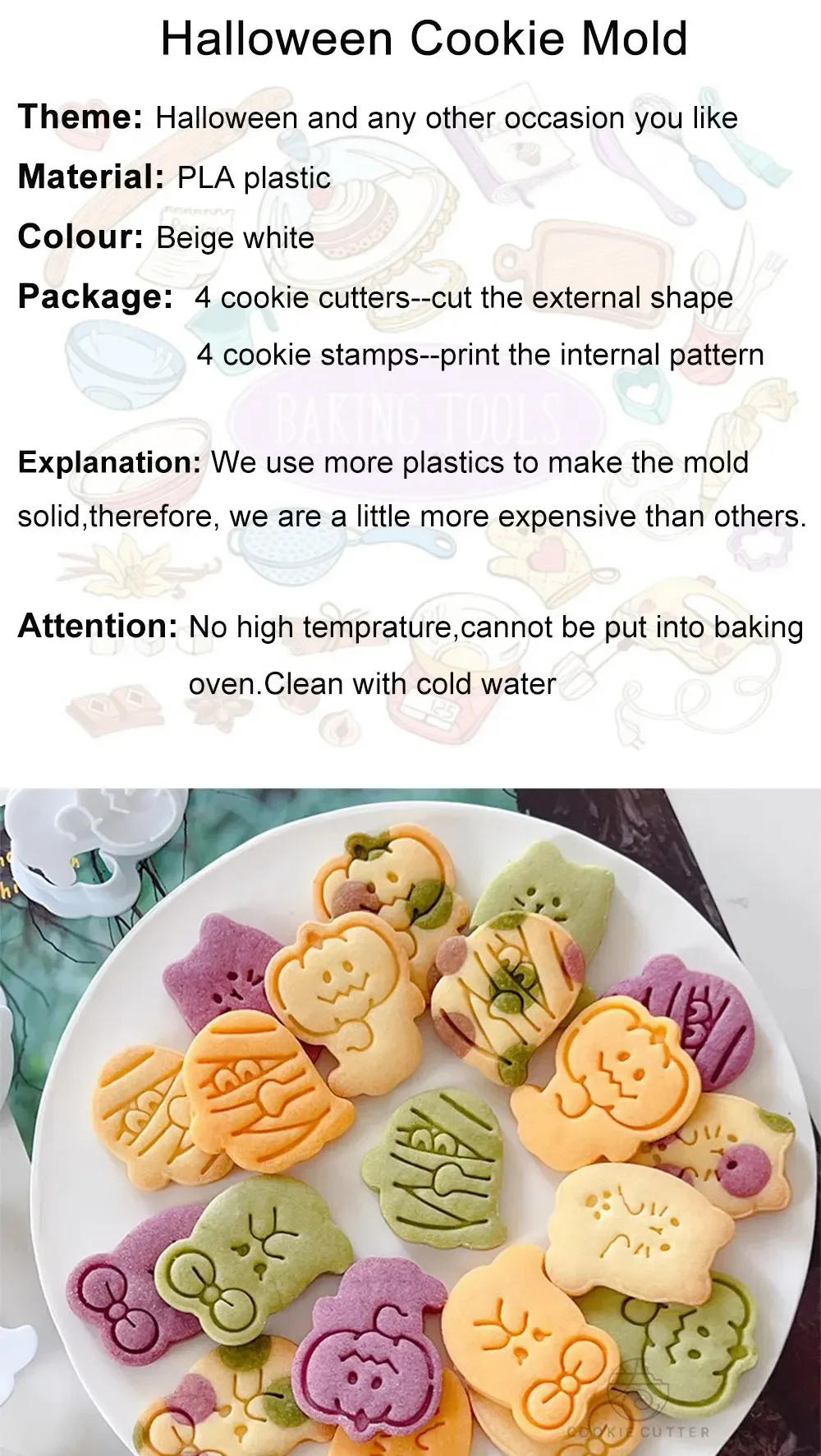 Description Picture 2 of item4Pcs/Set Halloween Baking Accessories Ghost Shape Biscuit Mold Cookie Cutters And Stamps DIY Party Dessert Decoration Tools