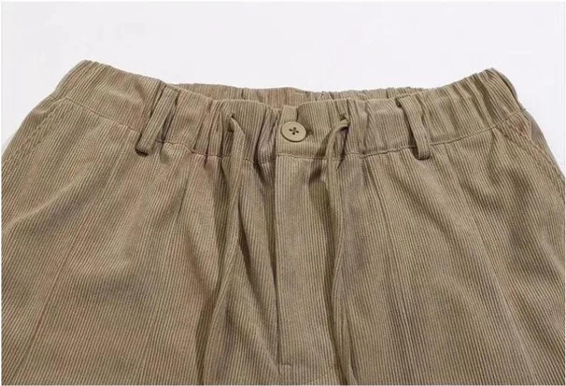 Description Picture 5 of itemMen Corduroy Pants Autumn Winter Japanese Casual Wide Leg Thick Trouser High Street Vintage Elastic High Waist Straight Overalls