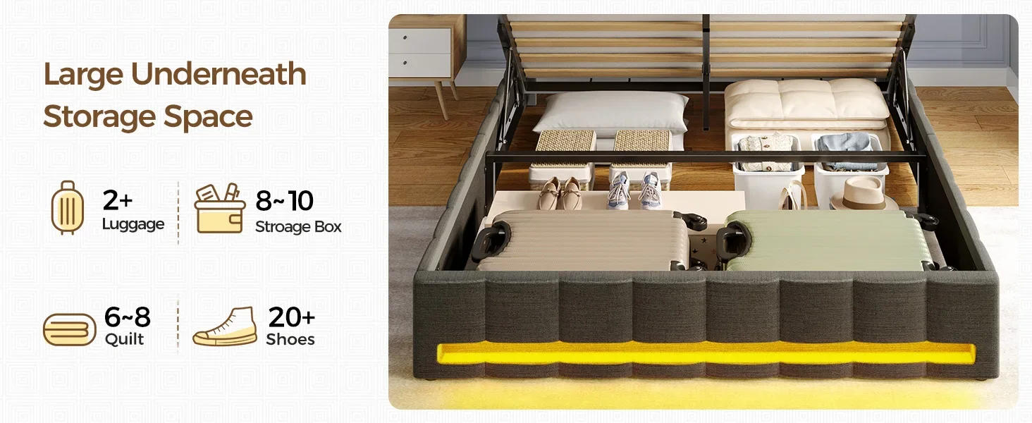 Description Picture 6 of itemBed Frame Queen Size with Lift Up Storage, Charging Station & LED Lights, Upholstered Storage Headboard, No Box Spring Needed,
