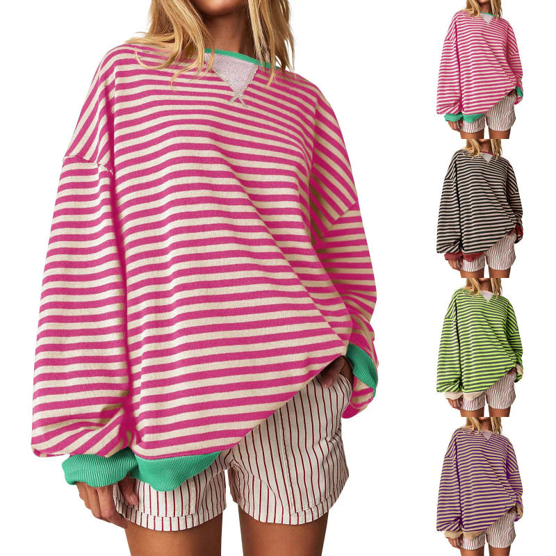 Description Picture 2 of itemy2k Oversized Striped Color Women's Pullover, O-Neck Long Sleeve Casual Daily Wear 2024 Women Pullover Loose Jersey de mujer
