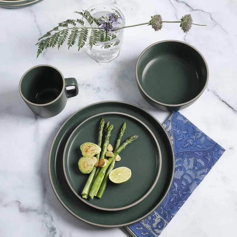 Description Picture 5 of item16 Piece Round Kitchen Dinnerware Set, Dishes, Plates, Bowls, Mugs, Service for 4, Matte Stoneware, Green