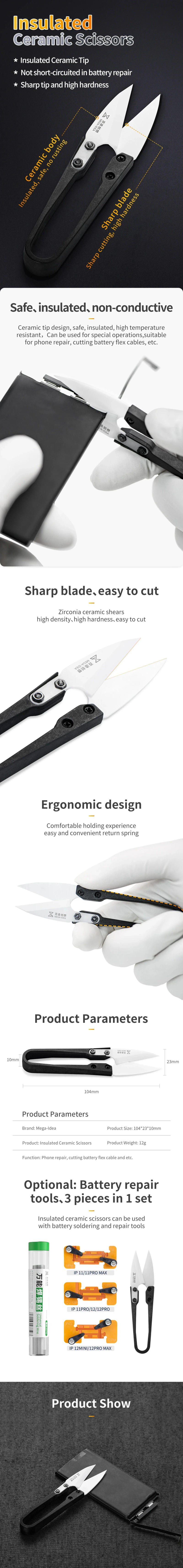 Description Picture 2 of itemQIANLI MEGA-IDEA High Hardness Insulated Ceramic Scissors for Mobile Phone Repair Battery Cable Cutting Insulated Scissors Tool