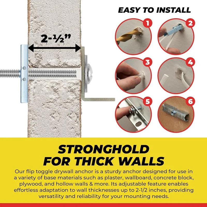 Description Picture 5 of item1/4In-20 Quick Duty Toggle Anchors With Bolts - Hollow Wall Anchors With Steel Wings,Adjustable Up To 2 1/2In Thick Wall