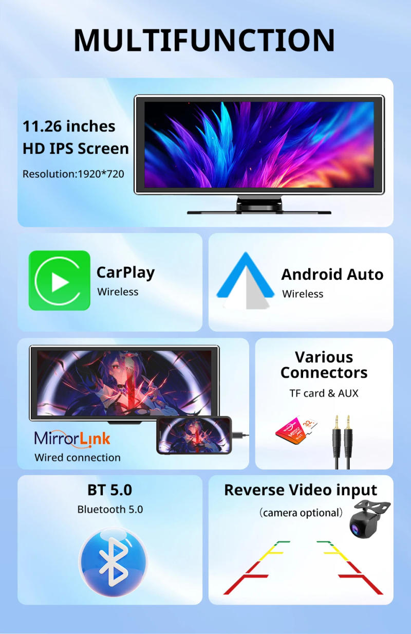 Description Picture 6 of item11.26 inch IPS Touch Screen Multimedia Video Player Portable 4K DVR Wireless CarPlay/Android Auto Dual Lens Driving Recorder