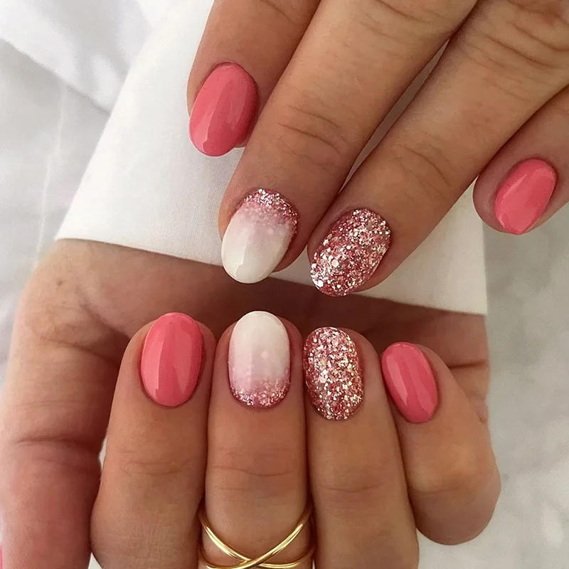 Description Picture 5 of item24Pcs Simple False Nails with Glue Short Almond Fake Nails Glitter Aurora Round Head Full Cover Nail Tips Oval Press on Nails