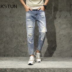 Ripped Jeans Men Light Blue Cotton Harem Pants Men's Cropped Trousers Ankle-Length Distressed Frayed Hip Hop Jeans Loose Fit