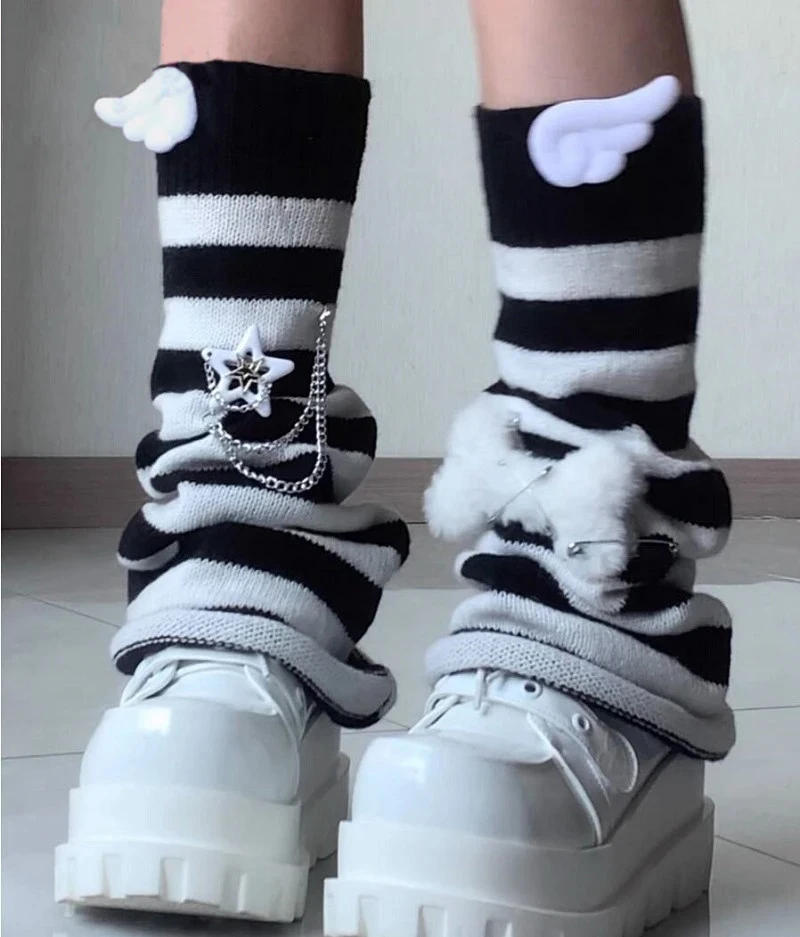 Description Picture 2 of item2024 Women Gothic Lolita Striped Leg Warmer Harajuku Y2k Girls Punk Black Blue Wing Plush Bones Knitted Leg Cover Streetwear