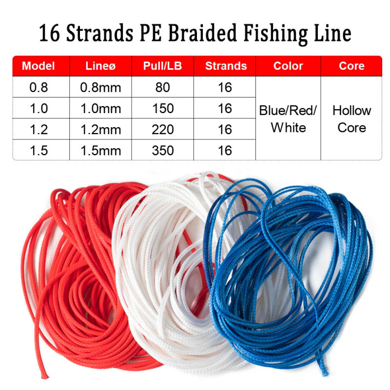 Description Picture 3 of item16 Strands PE Braided Fishing Line Hollow Core Rope Jig Assist Hook Rigs Diving Spear Tied Line Trolling Saltwater Fishing