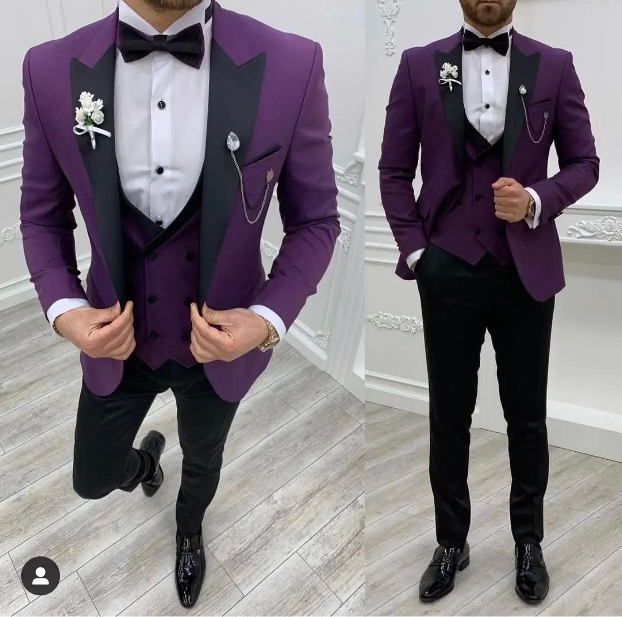 Description Picture 4 of itemNew Grey Costume Slim Fit Men Suits Black Pant Slim Fit Groom Tuxedos For Formal Wedding Suit Jacket Pant Vest 3 Pieces Blazer