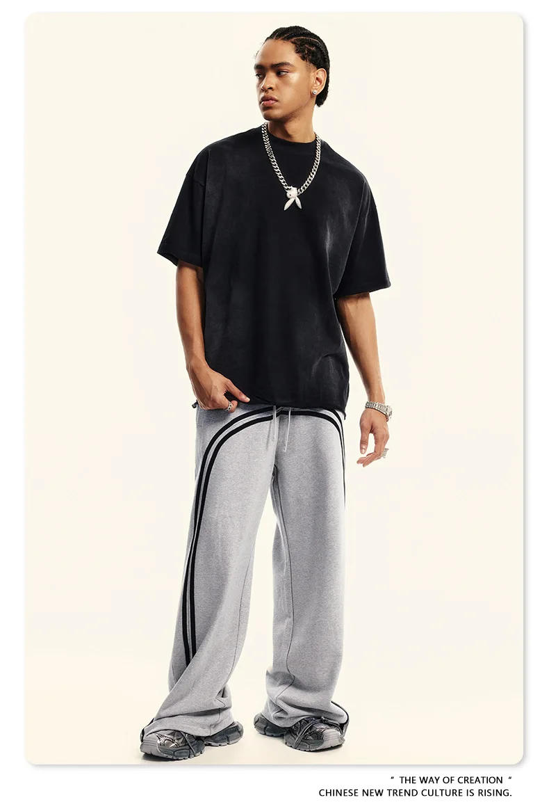 Description Picture 6 of itemMen's youth trend sports casual pants washed batik webbing zipper trousers wide-leg sweatpants cotton straight-leg pants lace-up