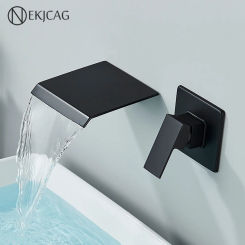 Black Wall Mounted Bathroom Basin Faucet Waterfall Water Outlet Cold And Hot Mixer Sink Tap Concealed Install Crane Faucets