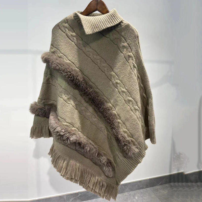 Description Picture 4 of item4 Color Warm Oversize Knitted Poncho Shawl Women Cape Big Pendulum Two Circle Faux Rabbit Fur Twist Tassel Pullover Overcoat