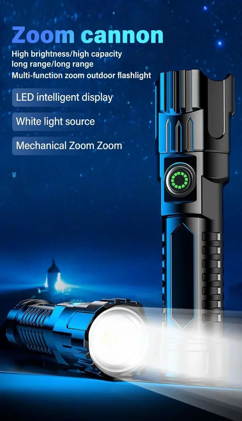Description Picture 2 of itemP200 Super Powerful LED Flashlight Zoom Tactical Torch Built-in Battery USB Rechargeable Waterproof Lamp Ultra Bright Lantern