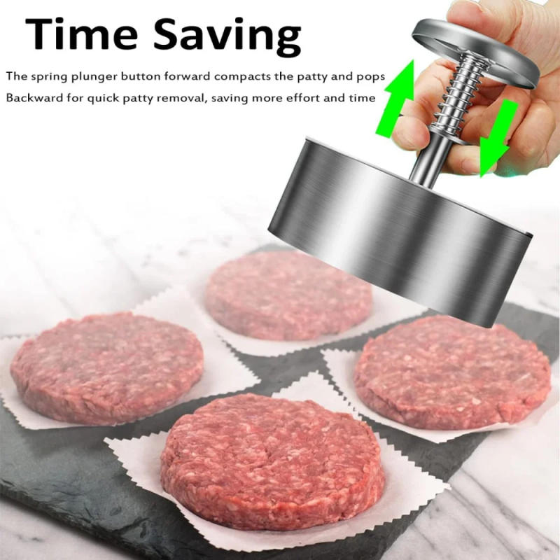 Description Picture 3 of itemHamburger Patty Maker Press 304 Stainless Steel Non-Stick Round Manual Rice Ball Mold Thickness Adjusted Kitchen Beef BBQ Tools