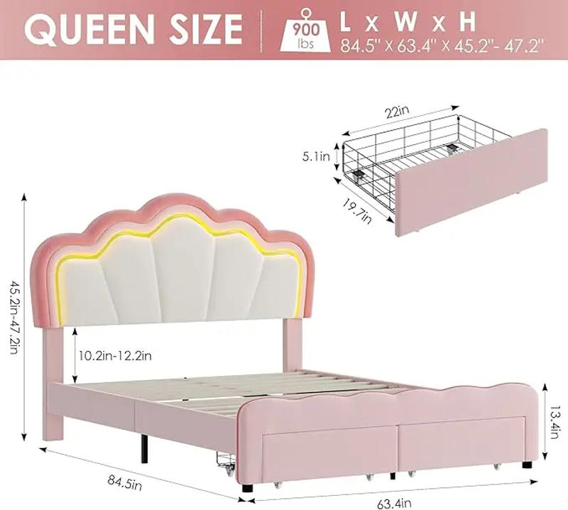 Description Picture 5 of itemLIKIMIO Queen Size LED Bed Frame, Camas Queen with 58" Tall Tufted Headboard, Sturdy and Noiseless, No Box Spring Required, Pink