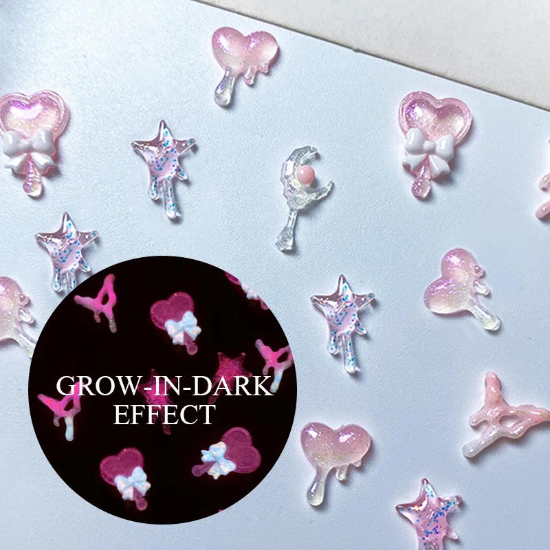 Description Picture 5 of item20Pcs Pink Auroras Glitter Heart Shaped Kawaii Nail Rhinestones 3D Grow-In-Dark Transparent Nail Charms DIY Nail Art Accessories