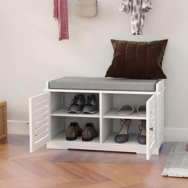 Description Picture 4 of itemShoe Storage Benches White Shoe Rack Bench with 2 Doors & Padded Seat Cushion in Grey Shoe Cabinet Entryway Bench