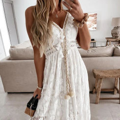 Summer Solid Color Sleeveless Elegant Lace Dress for Women V Neck Casual Boho Holiday Spaghetti Strap Vestidos De Mujer 22194
