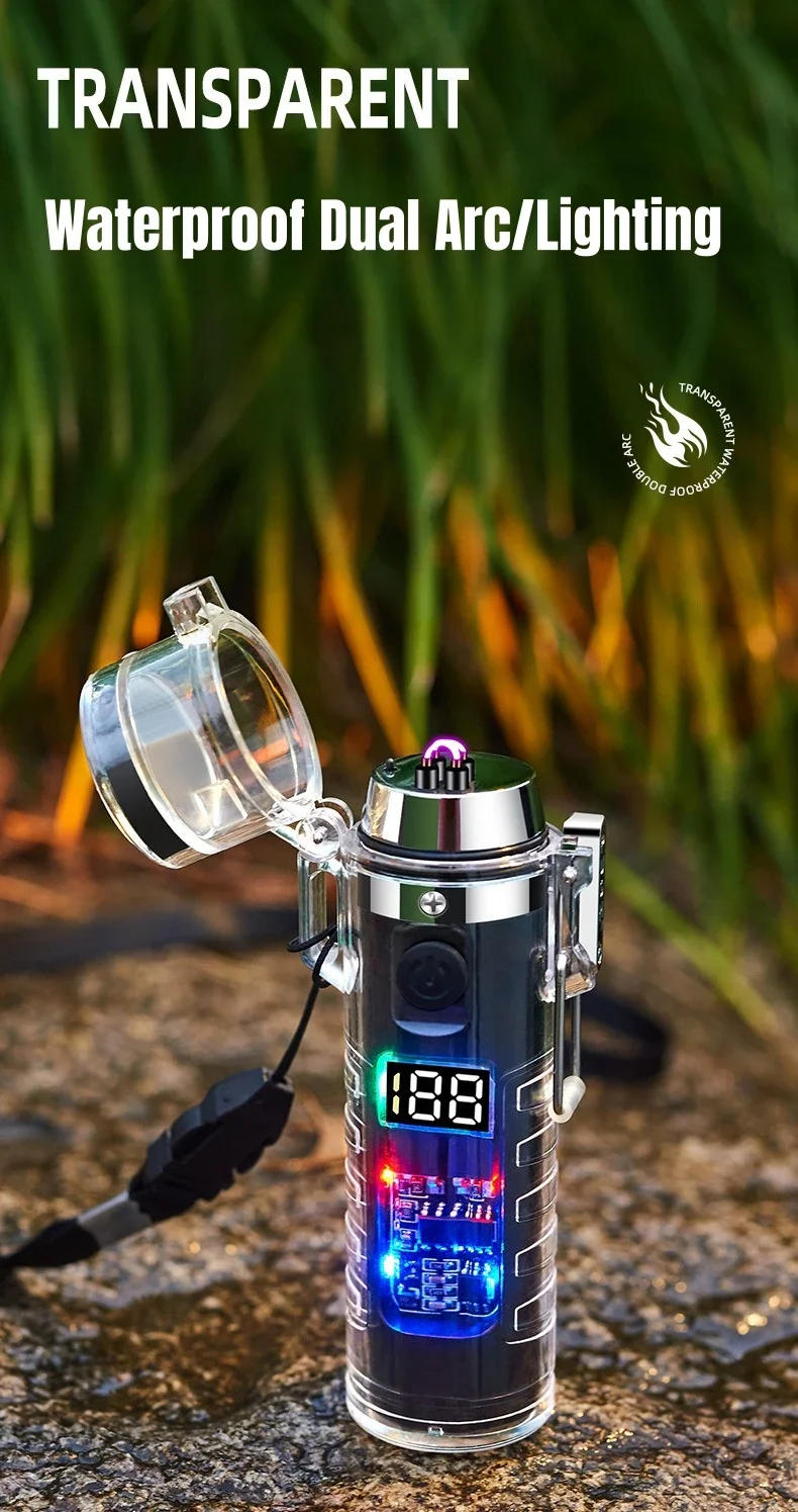 Description Picture 2 of itemOutdoor Windproof Double Arc Pulse Flameless Lighter Flashlight Compass Multifunctional Lighter LED Display Sealed Waterproof