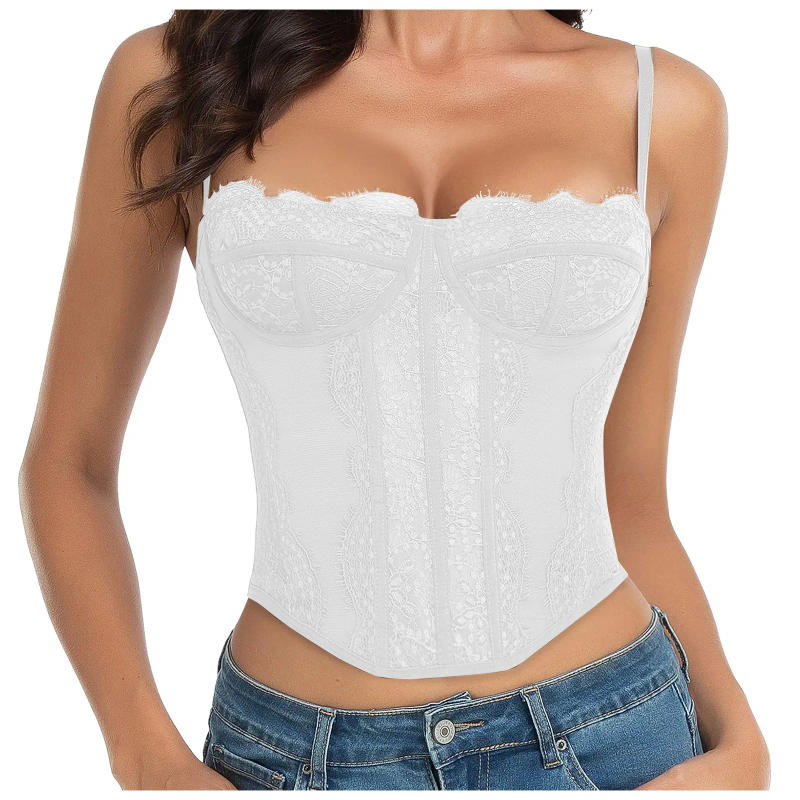 Description Picture 4 of itemWomens Sexy Gathering Tight Lace See Through Pure Desire Camisole Corset Top Solid Colot Front Buckle Slim Fit Bustier Corset